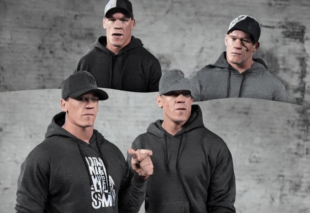 Image similar to john cena with a gray cap and a gray hoodie with the hood on. He's in a rap battle at an abandoned warehouse. A big crowd of people is watching. Lose yourself by eminem music video.