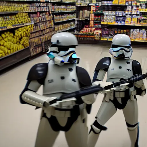 Image similar to Star wars troopers fighting with bananas in a supermarkets fish area, the star wars troopers try shooting and hitting other troopers with bananas, high perspective inside the store, high field of view, 40nm lens, split lighting, 4k,