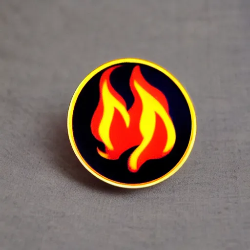 Image similar to an award - winning photograph of a vintage 1 9 8 0 s minimalistic clean fire flames warning enamel pin, beautiful cinematic light, behance