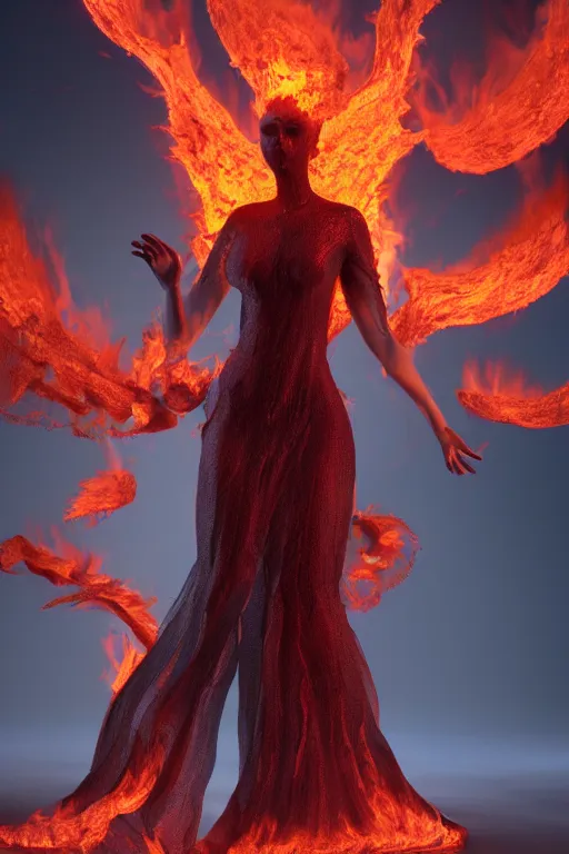 Prompt: 3 d digital render of a eldritch volcanic fire goddess clothed in a flaming gown, volcanic embers, magma, diffused lighting, hyperrealism, fantasy character art by laura zalenga and alexander holllow fedosav, 8 k dop dof hdr