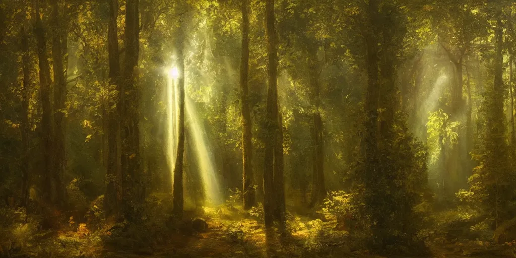 Image similar to a bright oil painting of a forest with rays of light coming through the canopy; masterpiece; extremely-detailed; by Carravaggio