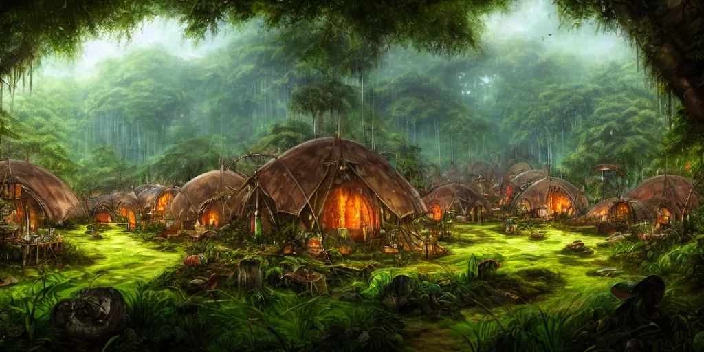 Image similar to a clearing in the jungle reveals a chrome village full of merchant tents and mushroom huts, matte oil painting, science fantasy, retrofuturistic, biblical, rpg, queer, pride, epic, extremely detailed, sharp focus, 4 k