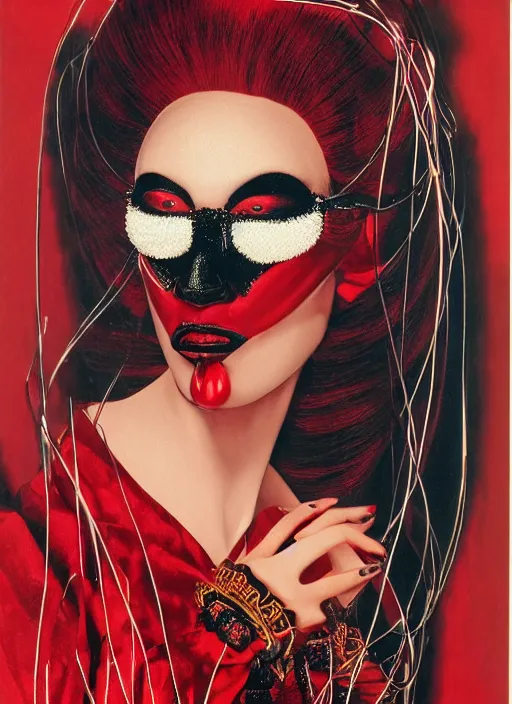 Image similar to an 8 0 s portrait of a woman with dark eye - shadow and red lips with dark slicked back hair, a mask made of wire and beads, dreaming acid - fueled hallucinations, hallucination psychedelic by serge lutens, rolf armstrong, delphin enjolras, peter elson, red cloth background, frilled puffy collar