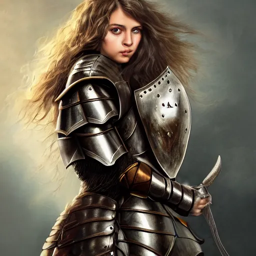 Image similar to young girl in knight armor, brown hair, full body shot, sharp focus, 4k , highly detailed, hyper realism, intricate