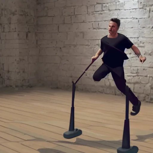 Prompt: Harvey in a pogo stick jumping over Katie price, cinematic, isometric, volumetric lighting, hyper realistic