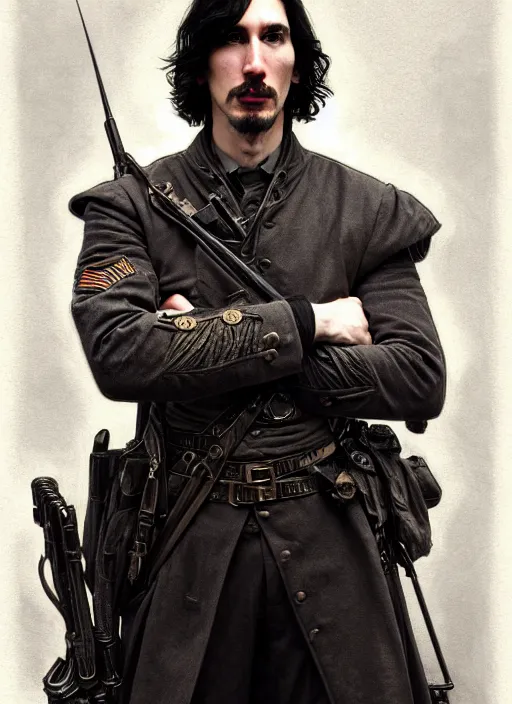 Image similar to a portrait of john oliver standing next to adam driver, stoic, full body, military uniform, fantasy, intricate, elegant, beautiful, highly detailed, charcoal, centered, dark, smokey, digital painting, artstation, concept art, smooth, sharp focus, illustration, art by artgerm and greg rutkowski and alphonse mucha