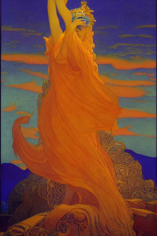 Image similar to queen of the sunset sea, by Nicholas Roerich and jean delville and Maxfield Parrish, dramatic cinematic lighting , ornate headdress , lost civilizations, extremely detailed