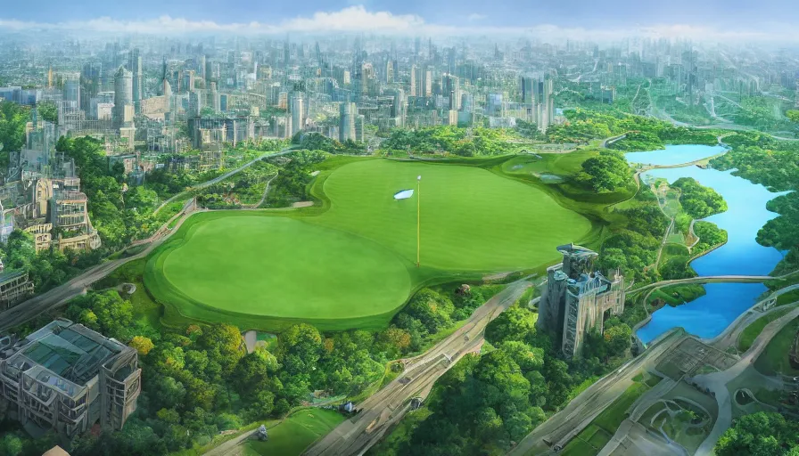 Prompt: A highly detailed matte painting of biggest golf course in the world, by Studio Ghibli, Makoto Shinkai, by Artgerm, by beeple, volumetric lighting, octane render, 4K resolution, trending on artstation, masterpiece