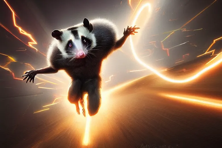 Image similar to a stunning digital painting of a opossum as the flash in spandex costume, running in the speedforce by greg rutkowski, volumetric light, digital art, fine detail, photorealistic