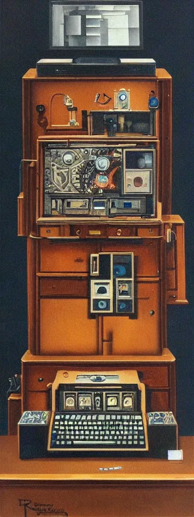 Prompt: An intricate steampunk computer painted by Rene Magritte