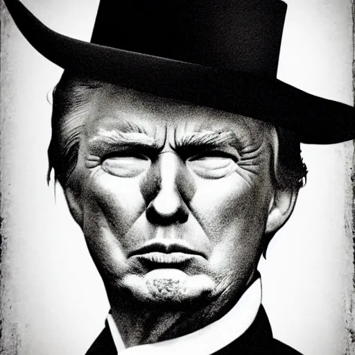 Image similar to an 1 8 0 0 s photo of donald trump playing the role of clint eastwood, squinting at high noon, in the style of a clint eastwood movie, the good, the bad and the ugly, clint eastwood, vibe, donald trump, glory days, justice, american flag, patriotism, apple pie, black and white, artgerm