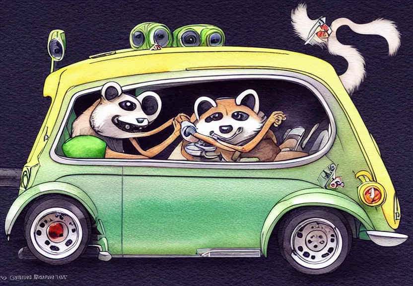 Image similar to cute and funny, racoon riding in a tiny hot rod coupe with oversized engine, ratfink style by ed roth, centered award winning watercolor pen illustration, isometric illustration by chihiro iwasaki, edited by range murata