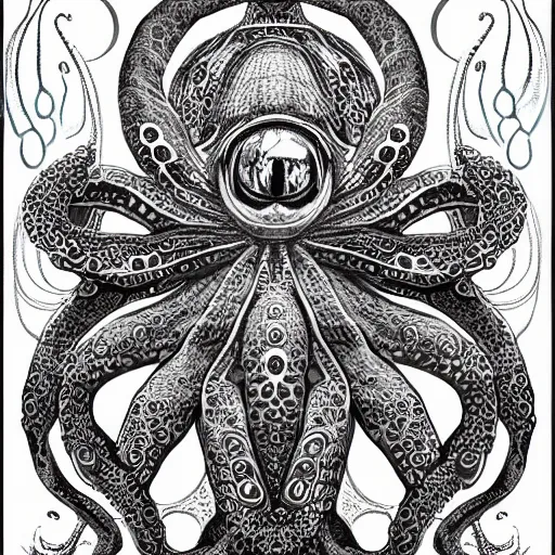 Image similar to the sacred octopus god of the alien people of the ocean world of tao city phi, as he is his worshiped in the architectures of the elaborate and hyperdetailed self - transforming landscape