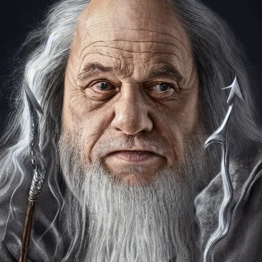 Image similar to danny devito as gandalf the white, lord of the rings movie, full body, hyper realist, high quality, wide angle, illustration, digital art