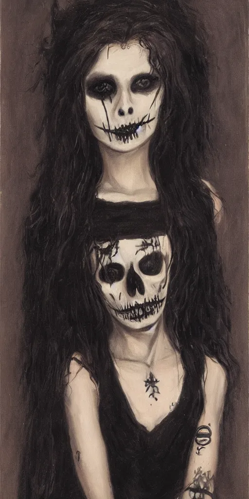 Image similar to A portrait of the character, Death, a young Goth girl wearing a black vest