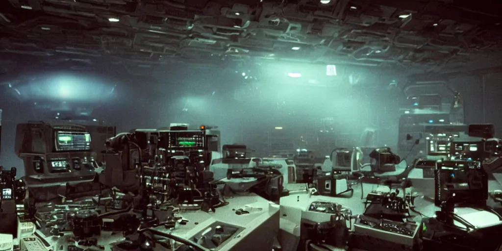 Prompt: film still of inside a dark futuristic scientific research outpost with complicated machinery and lasers in a moist foggy jungle, science fiction, laser lights and spooky shapes, ridley scott, lights through fog, futuristic outpost building, wet lush jungle landscape, dark sci - fi, 1 9 8 0 s, beige and dark atmosphere, ridley scott