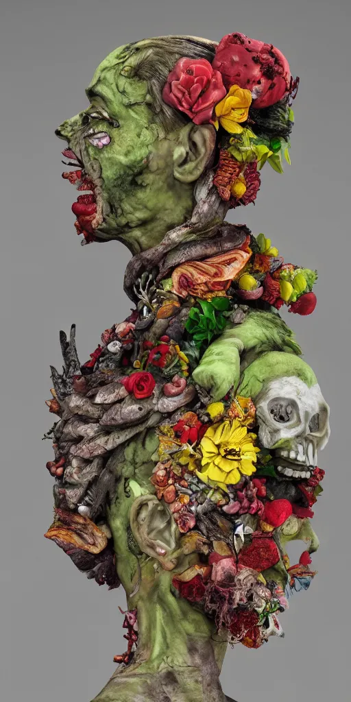 Image similar to portrait of a zombie punk, head made of fruit and flowers in the style of arcimboldo, photorealistic, dynamic lighting, action figure, clay sculpture, claymation