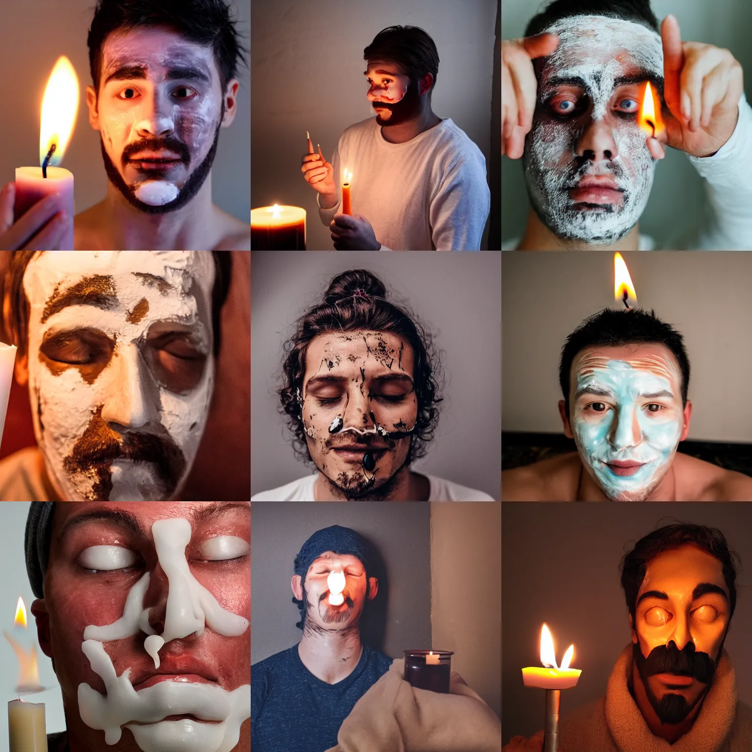 Prompt: A man with a lit candle on his face which is partially covering it in wax