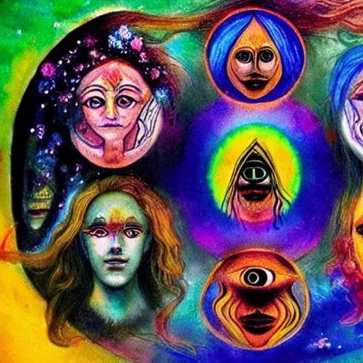 Image similar to godesses, three eyed, hairy bodies, third eye in middle of forehead, wide shot, hairy bodies, in water, colors, eye in forehead, pins, very detailed, wet eyes reflecting into eyes reflecting into infinity