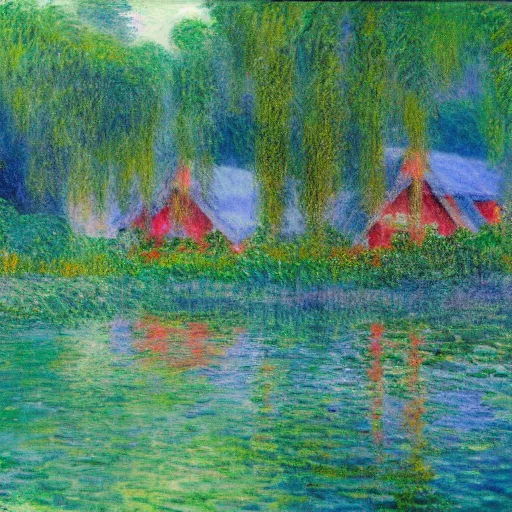 Image similar to A small lake's edge jungle village with houses built in the tree tops, matte painting, trending on art station, Monet, Van Rysselberghe