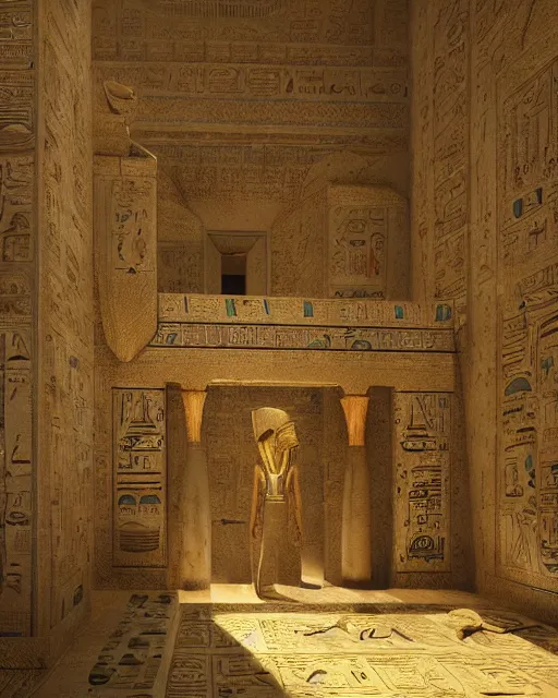 Image similar to greg rutkowski digital painting of an ornate and royal egyptian antechamber tomb, unreal engine, hyper realism, realistic shading, cinematic composition, blender render, octane render, hdr, detailed textures, photorealistic, ultrawide shot, 3 5 mm film