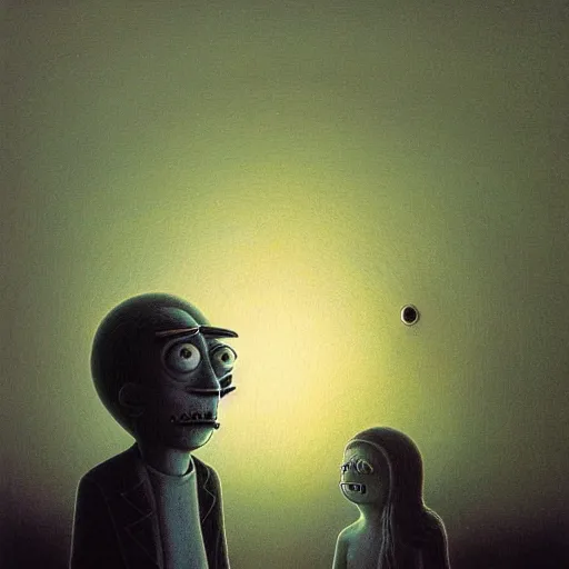 Image similar to rick and morty by zdzislaw beksinski