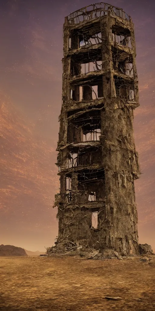 Prompt: an old decaying tower in the middle of a vast desert, fantasy, hyper realistic, atmospheric lighting, cinematic, 8k,