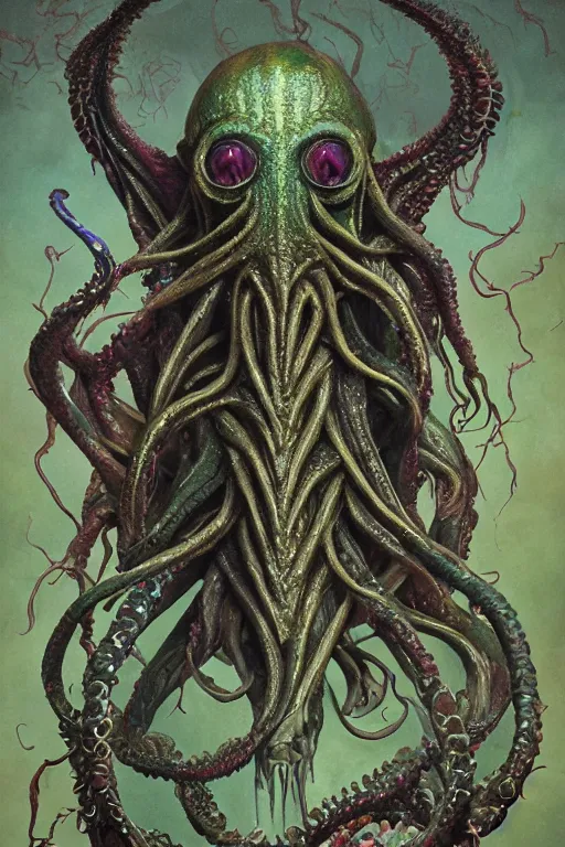 Image similar to psychedelic organic cthulhu mindflayer, gems jewels, diffuse lighting, very very intricate, very very elegant, highly detailed, lifelike, photorealistic, digital painting, artstation, illustration, concept art, smooth, HR GIGER , Hieronymous Bosch, Francis Bacon sharp focus, art by Greg Rutkowski and John Collier and Albert Aublet and Krenz Cushart and Artem Demura and Alphonse Mucha