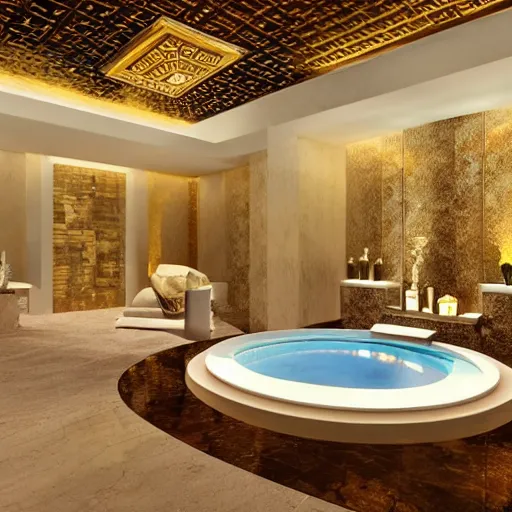 Image similar to interior of a 2 story spa with everything made of gold, candles, wellness pool, intricate detailed roof, contemporary design