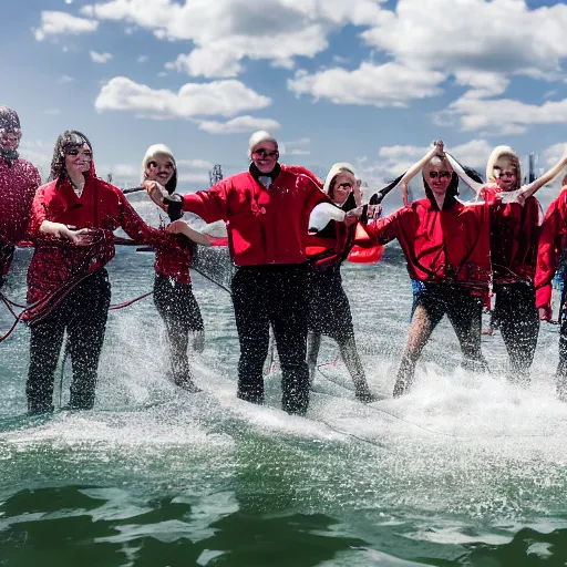 Prompt: Highly detailed professional photography of tesla bots doing a human pyramid while water skiing