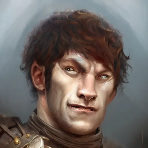 Prompt: a detailed matte head - on portrait painting of an ugly halfling man, with a large scar and missing teeth portrait by charlie bowater, lise deharme, wlop, tending on arstation, dungeons and dragon, dnd, pathfinder, fanart, oil on canvas