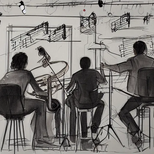 Image similar to architecture students drawing a jazz band playing in a busy underground bar, photorealistic, 8k