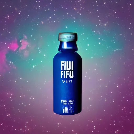 Image similar to a fiji water filled with space with a vaporwave background