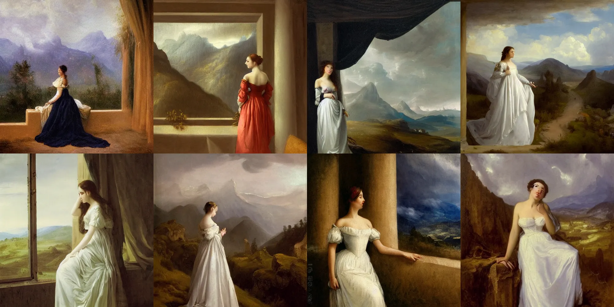 Prompt: princess in long white dress stands at the window of her worn out palace and looks out at the desolate burned landscape of grey mountain peaks below, melancholy color scheme, There is heavy rain and thunderstorms in the horizon, Romantic era painting, masterpiece