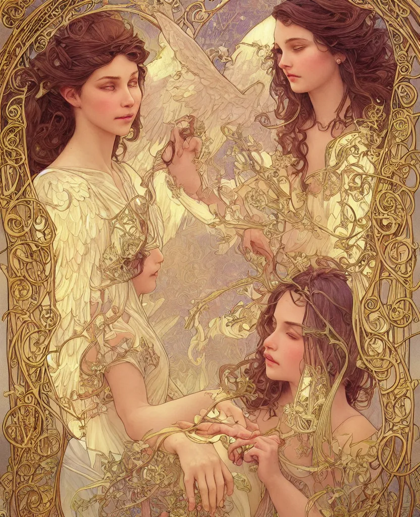 Image similar to an angel, highly detailed, very intricate, art nouveau, gold filigree, romantic storybook fantasy, soft cinematic lighting, award - winning, disney concept art watercolor illustration by mandy jurgens and alphonse mucha and alena aenami, pastel color palette, featured on artstation