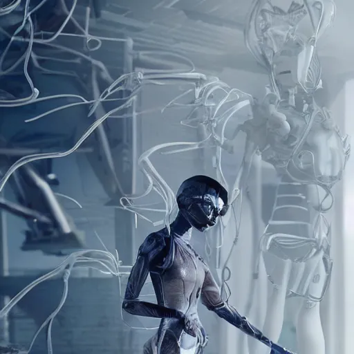 Image similar to photographic stil of beautiful model, a human robot woman, beautiful artificial body with artificial bones and artificial flesh, cables, tubes, westworld style, medium - shot, insanely detailed, photorealistic, beautiful soft light, octane render, by annie leibowtiz