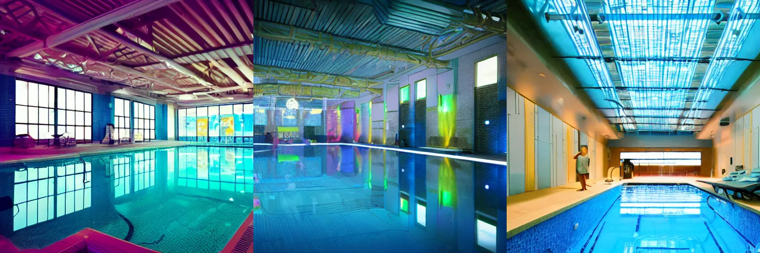 Prompt: A photo of a indoors pool with cyberpunk illumination