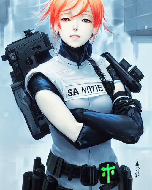 Image similar to nami, anime key visual of a young female swat officer, neon, cyberpunk, futuristic, white clothing, black vest, swat helmet, stunning, highly detailed, digital painting, smooth, soft focus, illustration, 4 k digital art from artstation by artgerm and greg rutkowski and alphonse mucha