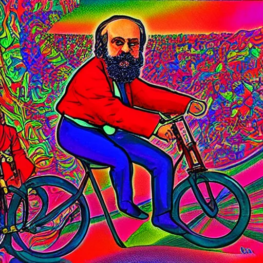 Prompt: karl marx riding albert hoffman's bike, psychedelic art, detailed