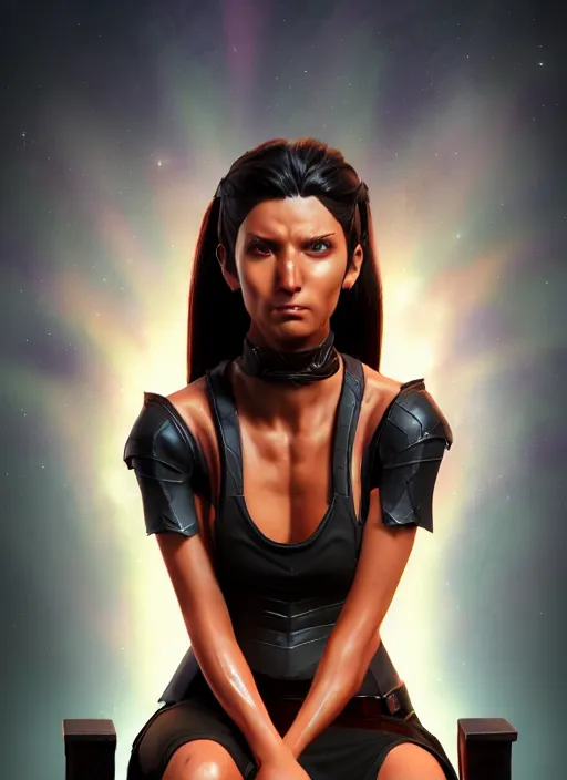 Image similar to An epic fantasy comic book style portrait painting of a tan woman with black hair in a pony tail and serious eyes sitting on a large chair, unreal 5, DAZ, hyperrealistic, octane render, cosplay, RPG portrait, dynamic lighting