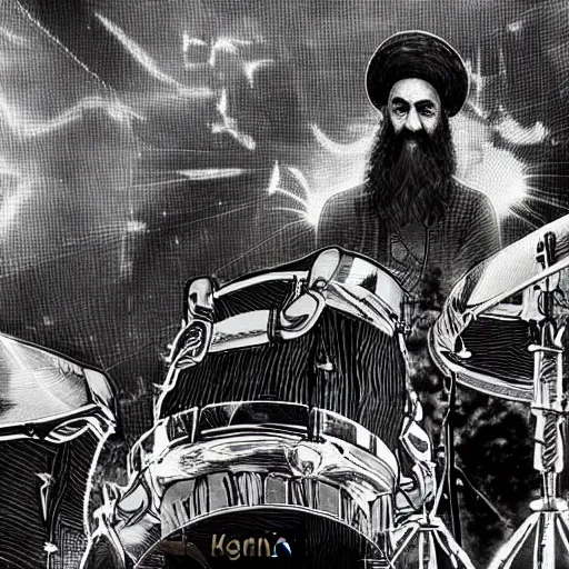 Image similar to khomeini playing drums in heavy metal band in heaven, high definition, trending on artstation, unreal engine, photorealistic, high resolution,, trending on deviantart, hdr, hyper detailed, insane details, intricate, elite, ornate, elegant, luxury, dramatic lighting