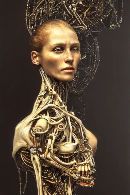 Prompt: beautiful oil painting portrait of biomechanical woman face connected to the machine by wayne barlowe, rembrandt, complex, stunning, realistic skin color, 4 k, high res, awardwinning, masterpiece, detailed, realistic lighting