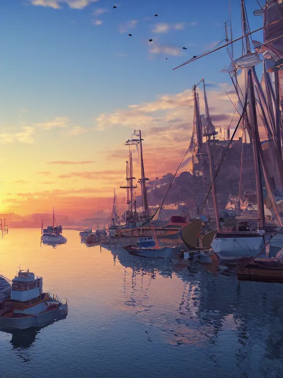 Image similar to photo of 8k ultra realistic harbour, port, boats, sunset, beautiful light, golden hour, full of colour, cinematic lighting, battered, trending on artstation, 4k, hyperrealistic, focused, extreme details,unreal engine 5, cinematic, masterpiece, art by studio ghibli