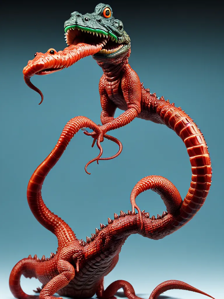 Image similar to hyperrealistic rendering, alligator earthworm by bernie wrightson and killian eng and joe fenton, product photography, action figure, sofubi, studio lighting, colored gels, colored background