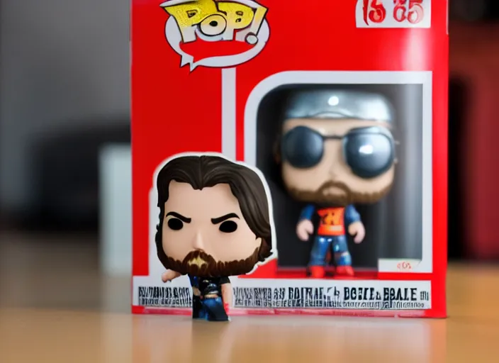 Image similar to product still of Christian Bale funko pop with box, 85mm f1.8