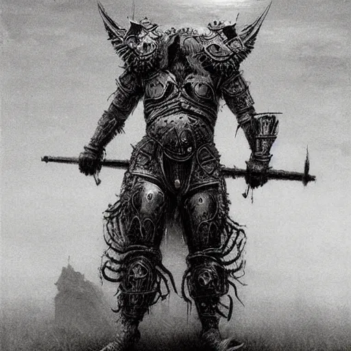 Prompt: were lion warrior concept art, lion headed, armored arms, armored legs, wearing ancient armor, beksinski