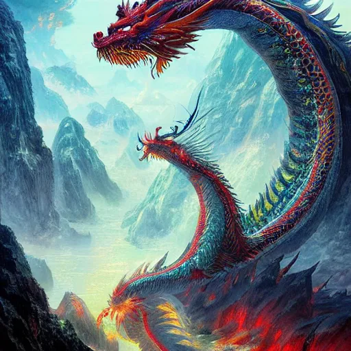 Image similar to artstation concept of a chinese dragon breathing visably, bright colorful, hyperdetailed, artstation trending, world renowned artists, worth 1 0 0 0. com, historic artworks society, antique renewel, cgsociety, by greg rutkowski, by gustave dore, deviantart
