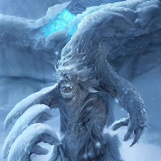 Image similar to A monster in the Arctic covered in snow, fractal Lighting, by Stanley Artgerm Lau, WLOP, Rossdraws, James Jean, Andrei Riabovitchev, Marc Simonetti, and Sakimichan, trending on artstation