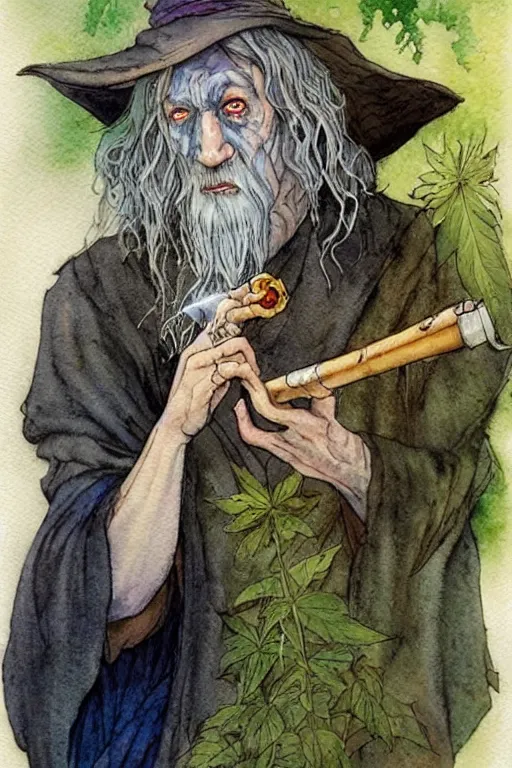 Image similar to a realistic and atmospheric watercolour fantasy character concept art portrait of ( ( ( gandalf ) ) ) with bloodshot eyes smoking a pipe looking at the camera with a pot leaf nearby by rebecca guay, michael kaluta!!!!!!, charles vess and jean moebius giraud!!!!!