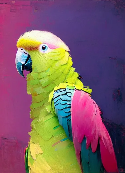 Prompt: portrait of a beautiful parrot, shades of pink and blue, beautiful face, rule of thirds, spotlight, by greg rutkowski, by jeremy mann, by francoise nielly, by van gogh, digital painting